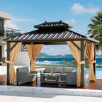 Outdoor Hardtop Gazebos 10 x 12 ft Permanent with High Strength Aluminum Frame, Double-Roof, Pavilion with Curtain and Netting for Patio, Lawn, Deck, Garden (Darkbrown, 10x12 ft)