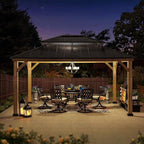 SUNJOY 13 x 15 ft. Wood Gazebo Cedar Framed Gazebos with Black Double Steel Hardtop Roof for Garden,Backyard Shade, Matte Black Roof + Natural Wood Frame