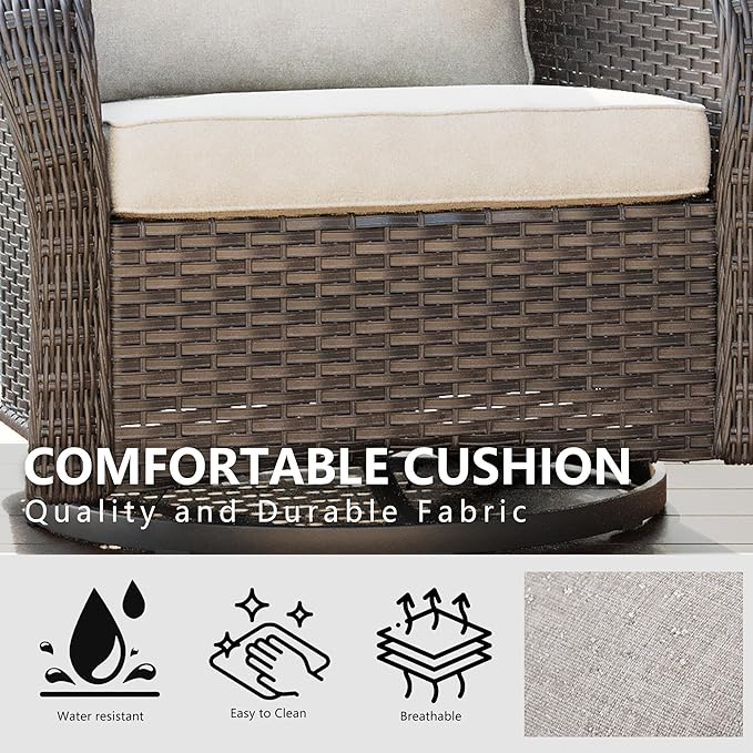 Wicker Swivel Rocking Chairs Set 2, Outdoor Brown Wicker Swivel Glider Chair Outdoor Rocking Chair with Water-Resistant Cushions, Beige