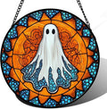 Stained Glass Window Hanging - Halloween Decorations White Ghost Suncatcher for Doors Garden Indoor Spooky Funny Blue Sun Catchers Gothic Decor Horror Gifts for Women Men Friend 15 in