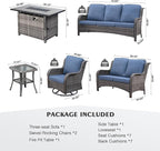 HOOOWOOO Patio Outdoor Furniture with Fire Pit Table,High Back 6 Piece Wicker Patio Conversation Set with Swivel Chairs,7 Person Couch Sofa Seating,Denim Blue
