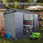 LANTRO JS Outdoor Storage Shed, 8x6FT Plastic Storage Shed with 2 Windows and Lockable Door for Garden Tools, Bike, Lawnmower, Grey and Black