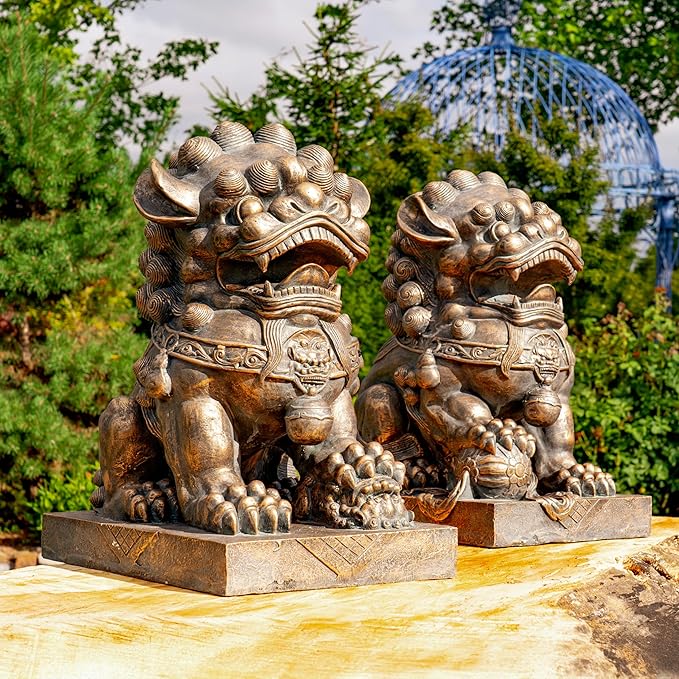Zaer Ltd. Set of 2 Traditional Fu Dog Garden Statues, Chinese Guardian Lion Sculptures with Pedestals, Made with Magnesium-Cement (Aged Bronze)