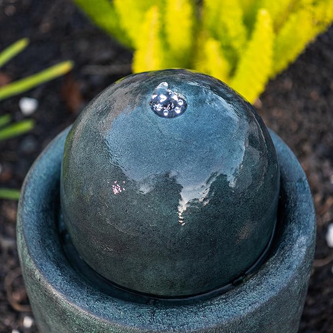 XBrand 25.98" H Dark Green Round Stone Indoor/Outdoor Modern Sphere Water Fountain w/LED Lights – Ball Bubbling Fountain Décor for Garden, Patio, or Tabletop