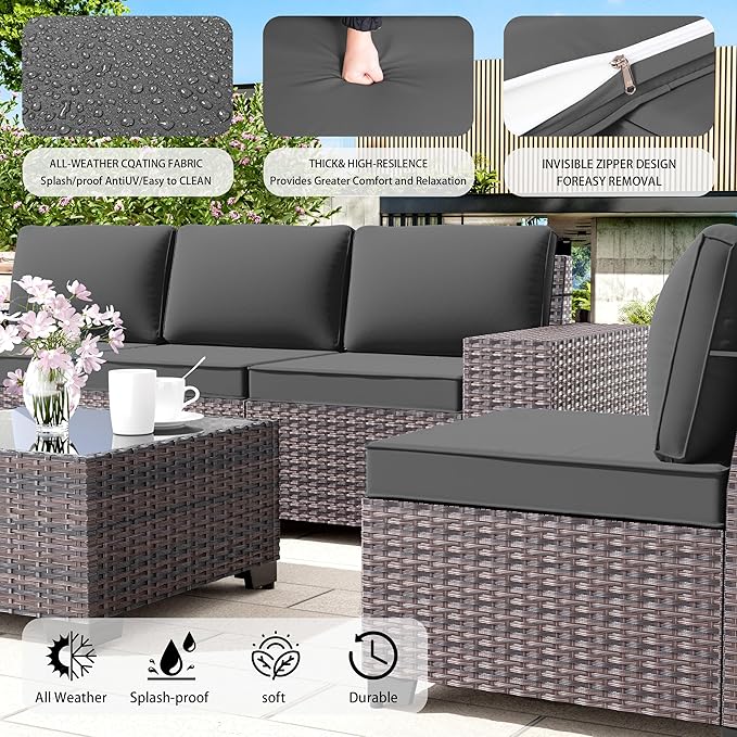 Outdoor Patio Furniture Set with Propane Fire Pit Table, 7 Pieces Outdoor Furniture Patio Sectional Sofa Conversation Sets w/ETL Approved 43" Gas Outdoor Fire Table & Coffee Table (Grey)