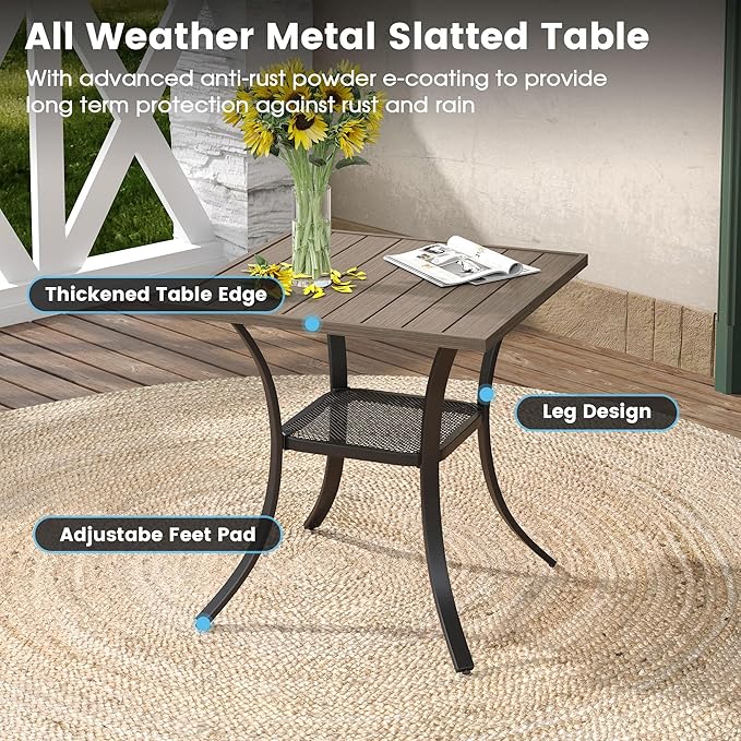 DIFY 27.6" Square Patio Dining Table, Grey Wood-Like Small Outdoor Bistro Table with Rust Resistant Metal Frame, Ideal for Lawn, Backyard and Deck