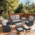 7 Piece Patio Furniture Set - Wicker Patio Conversation Set with Swivel Glider, Glider Loveseat, Tempered Glass Side Table and 2 Ottomans for Deck Backyard - Black Wicker Beige Cushion