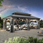 Aoxun 12' X 20' Hardtop Gazebo with Drainage System, Aluminum Outdoor Gazebo with Galvanized Steel Double Roof, Patio Permanent Metal Pavilion with Netting, for Garden, Deck, Grey, Square Foundation