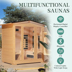 4 Person Outdoor Infrared Sauna - 3D Fast Heating Home Spa Sauna w/Chromotherapy Light, Wooden Sauna Room Kit w/Bluetooth Speaker (CE Certified,220V)