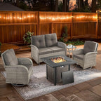 5 Piece Patio Furniture Set with Fire Pit Table - Wicker Patio Conversation Set with Swivel Glider, Glider Loveseat, Tempered Glass Side Table for Deck Backyard - Grey Wicker Grey Cushion
