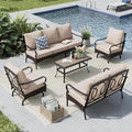 MFSTUDIO 5 PCS Outdoor Patio Furniture Set, Metal Outdoor Conversation Set, Rattan Wicker Patio Sectional Sofa Set with 2 x Rocking Single Sofa, 2-Seat and 3-Seat Sofa, 1 x Coffee Table, Beige