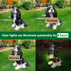 Cavalier King Charles Spaniel Outdoor Dog Statue with Reversible “Welcome/ON Patrol” Hanging Plaque and Solar Porch Lantern, Black & White Sitting
