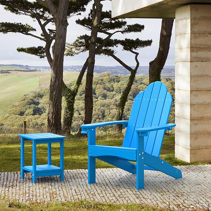 LUE BONA HDPS Adirondack Chairs Set of 4, Fire Pit Outdoor Chair Weather Resistant with Cup Holder, Modern Plastic Chair Plastic for Patio, Deck, Proch, 350LBS, Blue