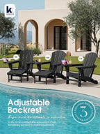 KINGYES Adjustable Folding Adirondack Chair with Footrest & 4-in-1 Multi-Functional Armrest Organizer Set of 2, HDPE Foldable Reclining Adirondack Chair with Pull-Out Ottoman, Black