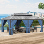 12’x20’ Hardtop Gazebo Outdoor Aluminum Frame Permanent Gazebo Galvanized Steel Double Roof Gazebos with Nettings and Curtains for Patio, Lawns,Backyard, Deck(Navy)