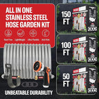 Best 100 ft Metal Garden Hose Set - No-Kink Durable 316 Stainless Steel, 10-Way Zync Spray Nozzle & Hook – Tough Flexible Heavy Duty Water Hoses, Naval Brass, Rust, Weather, LeakProof
