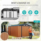 9x11 FT Outdoor Metal Storage Shed with Lockable Door, Steel Garden Utility Shed with Vents, Backyard Patio Tool Shed for Lawn Equipment, Bike, Firewood and Mower Storage, Brown