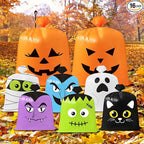 CNhoqc Halloween Lawn Leaf Bags - 16Pcs Halloween Theme Pumpkin Black Cat Ghost Mummy Patterns Waste Bags with Twist Ties, Large Grass Plastic Trash Container for Garden Outdoor Halloween Decorations
