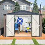 10x10 FT Outdoor Storage Shed, Large Metal Garden Shed with Lockable Hinged Doors, Outside Tool Shed with Sloped Roof & 4 Air Vents, Waterproof Storage Building for Backyard, Patio, Lawn, Brown