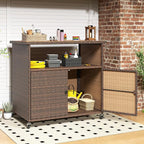 Tangkula Rattan Outdoor Storage Cabinet, Patiojoy PE Wicker Outdoor Cabinet with Acacia Wood Countertop, Open Compartment, Storage Shelf, Outdoor Bar with 4 Wheels for Garden Backyard Deck