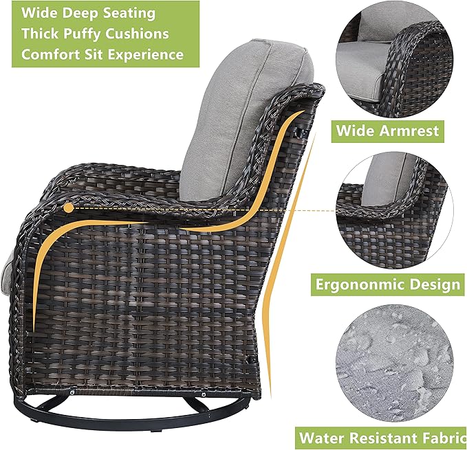 Rilyson 5 Piece Outdoor Patio Furniture Set - Rattan Wicker Patio Conversation Sets with 2 Swivel Rocker Chairs,2 Ottomans and 1 Sofa for Outside Porch Deck Backyard(Brown/Grey)