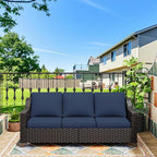 77'' Patio Sofa, All Weather Outdoor Rattan Wicker 3-Seat Sofa High Back Couch with Premium Cushions for Garden Backyard Porch(Brown/Navy)