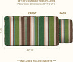 Honeycomb Outdoor Lumbar Pillow 2-Pack, 22 x 12, Stripe Pine Green Throw Pillows for Patio Furniture