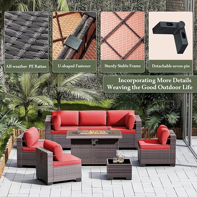 Outdoor Patio Furniture Sets with Propane Fire Pit Table, 10 Pieces Outdoor Furniture Patio Sectional Sofa Conversation Sets w/ETL Approved 43" Gas Outdoor Fire Table & Coffee Table (Red)