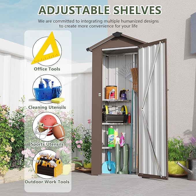 KEIKI Outdoor Storage Shed 2.5' x 1.4', Metal Tool Cabinet with Sloping Roof & Lockable Door, Small Top Tall Shed for Backyard, Garden, Patio, Lawn, Brown