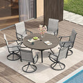 VICLLAX Patio Dining Set for 6, 7 Pieces Outdoor Furniture Includes 53" Round Patio Table with Umbrella Hole and 6 Outdoor Swivel Chairs for Lawn Garden, Grey Wood Grain Tabletop and Grey Fabric
