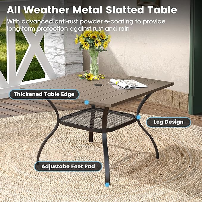 DIFY Outdoor Dining Table, Patio Square Metal Dining Table with 1.57" Umbrella Hole for 4 Person, Ideal for Poolside, Deck, Garden and Balcony, Grey Wood-Like
