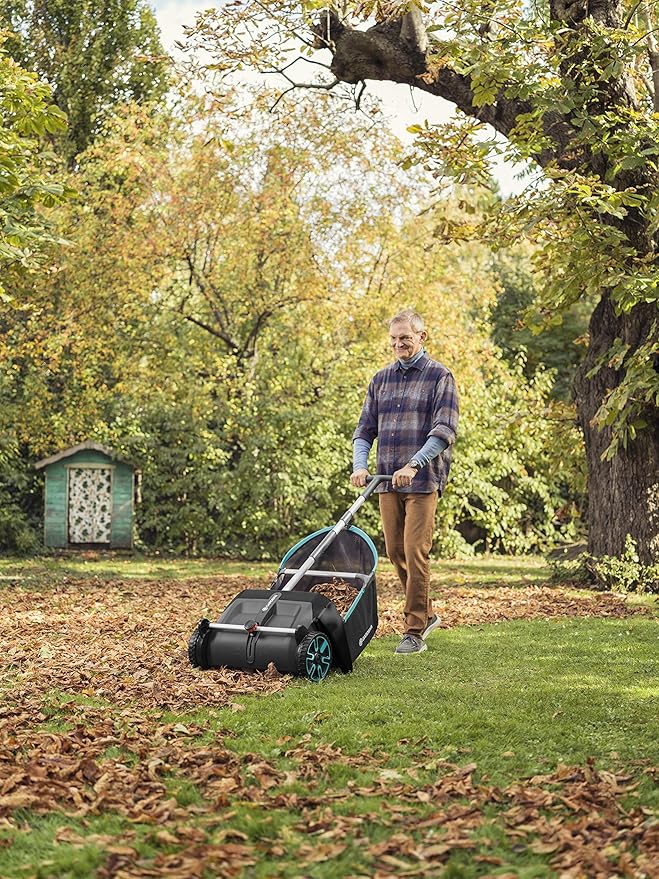GARDENA (03565) Lawn and Leaf Collector, Durable and Easy to Manuever Push Lawn and Leaf Sweeper with Large Capacity 3.2 cu. ft. Mesh Collection Hopper Bag, 5 Year Warranty