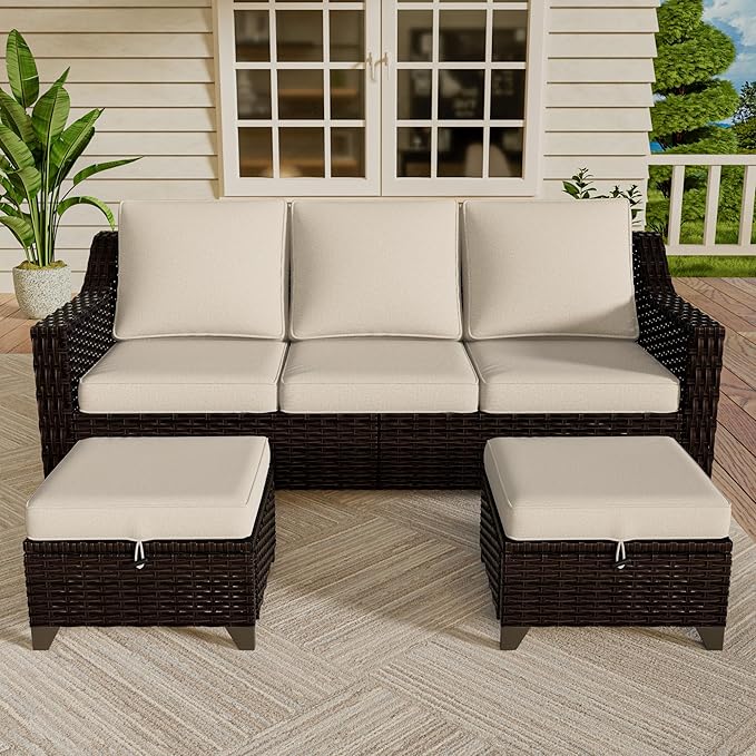 Vista Vibe 3 Pieces Outdoor Patio Conversation Furniture Set - 78" 3-seat Sofa | 2 Wicker Ottomans, Deep Seat Loveseat with Removable Cushions, Hand-Woven PE Rattan Couch, Lawn (Brown/Beige)