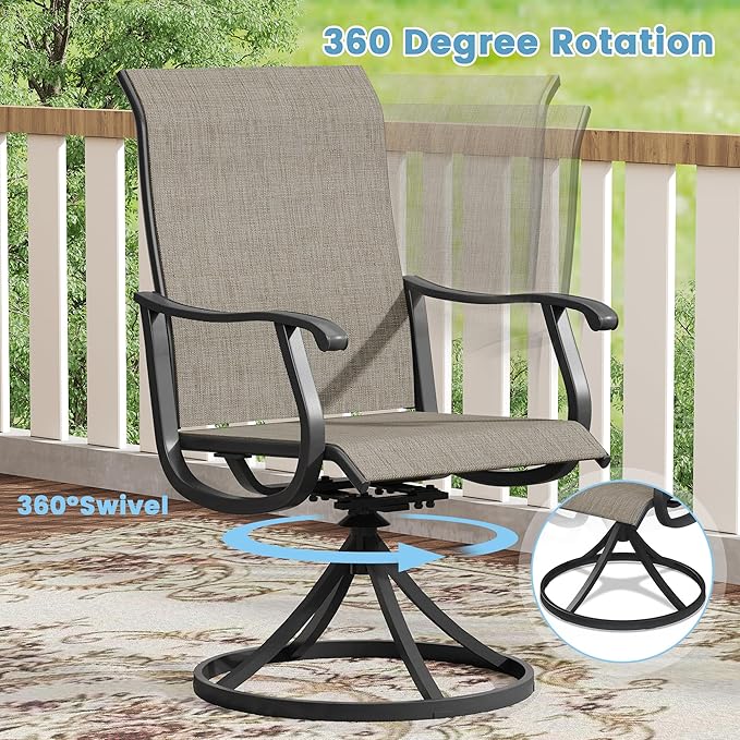 DIFY 5 Pieces Outdoor Patio Dining Set, 4 Brown Textilene Swivel Dining Chairs and 40.6" Walnut Round Dining Table, Metal Outdoor Table and Chairs