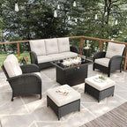 7 Pieces Patio Furniture Sets with Fire Pit Table, Wicker Rattan High Back Outdoor Armchairs Set with 3-Seat Couch, Ottomans and Side Table