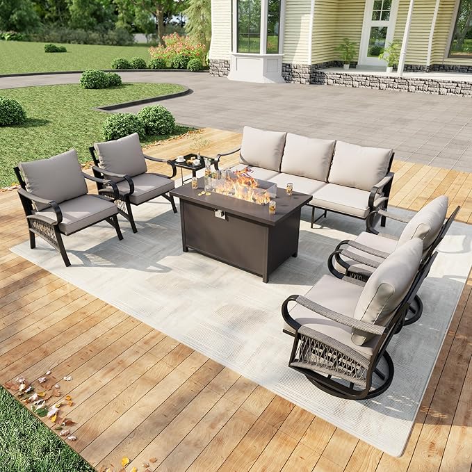 7 Pieces Outdoor Patio Conversation Sets with All Weather Cushions, Metal 3-Seater, 2 Swivel Rockers, 2 Single Chairs, 1 Side Tables, 1 Fire Pit Table for Backyard Deck Porch Poolside, Beige