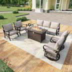 7 Pieces Outdoor Patio Conversation Sets with All Weather Cushions, Metal 3-Seater, 2 Swivel Rockers, 2 Single Chairs, 1 Side Tables, 1 Fire Pit Table for Backyard Deck Porch Poolside, Beige