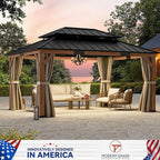 Modern Shade Rosewood Wood Gazebo 12' x 16', Cedar Framed Grill Gazebo with Double Galvanized Steel Roof, Mosquito Netting and Curtains, Permanent Hardtop with Sturdy Hooks for Garden, Backyard, Patio