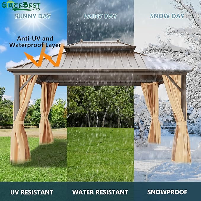 10x10 ft Hardtop Gazebo Outdoor Aluminum Patio Gazebo Double Roof Galvanized Steel Canopy with Netting and Curtains for Garden, Backyard,Deck and Lawns