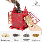 Kingsyard Metal Bird Feeder for Outdoor Hanging, Wild Bird Feeder with Double Suet Cage, Weatherproof Roof and 3 lbs Large Seed Capacity, Red