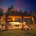 14' X 20' Hardtop Gazebo, Aluminum Wood-Looking Frame Outdoor Permanent Galvanized Steel Double Roof Pavilion Pergola Canopy with Privacy Curtains for Garden, Patio, Backyard, Deck and Lawns.