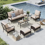 MFSTUDIO 6 PCS Outdoor Patio Furniture Set, Metal Outdoor Conversation Set, Rattan Wicker Patio Sectional Sofa Set with 2 x Fixed Single Sofa, 3-Seat Sofa, 2 x Ottoman, 1 x Coffee Table, Beige