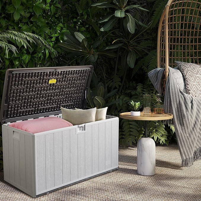 TARKARI Premium Pro Edition 110 Gallon Lockable Resin Deck Box, Waterproof & UV-Resistant Outdoor Storage Box for Outdoor Cushion Storage, Garden Tools & Pool Accessories Storage, White