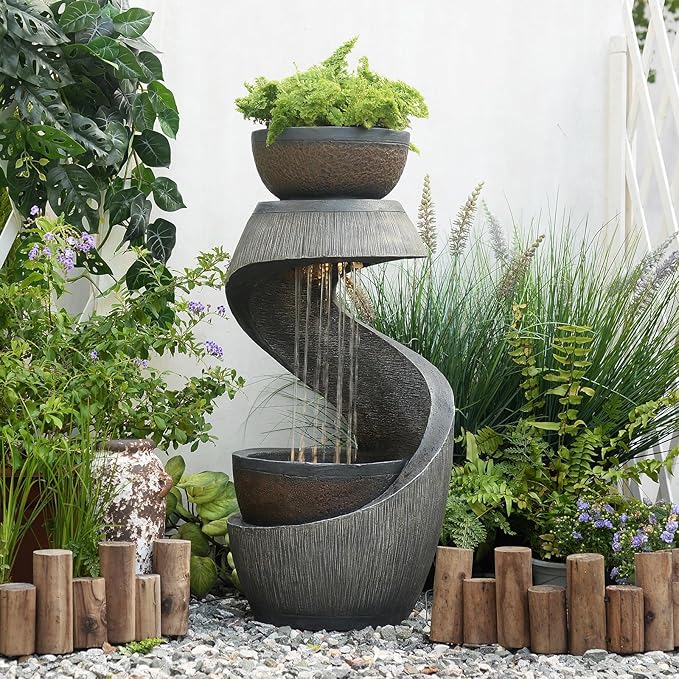 31.9" S-Shaped Water Outdoor Fountain–Modern Cascading Waterfall Feature with LED Lights & Planter Bowl, Garden Fountains Outdoor for Patio, Balcony, Yard or Home Decor, Resin Waterfall