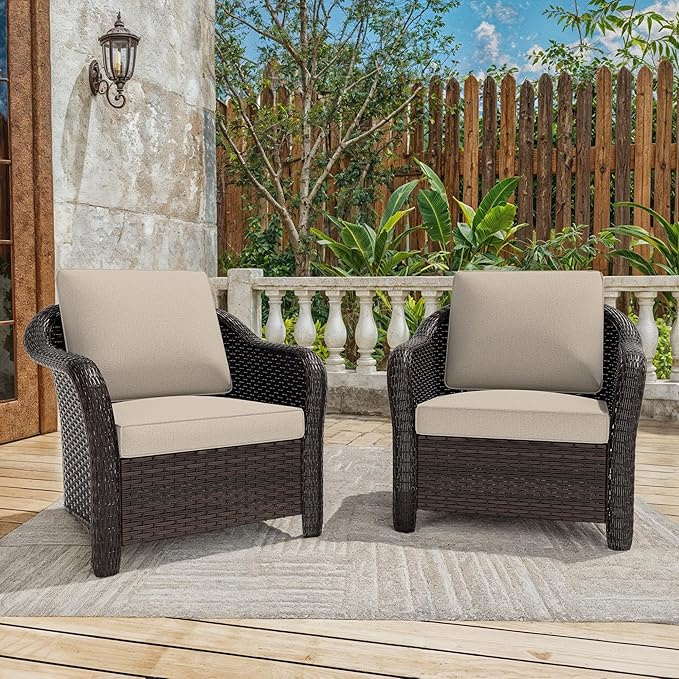 Vista Vibe Outdoor Patio Deep Seat Chairs Set of 2, Washable Cushions, Hand-Woven PE Rattan, All-Weather & Steel Frame, Garden, Bistro, Deck, Yard (Beige)