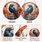 FLAGWIX Halloween Decorations Indoor - Stained Glass Window Hanging 8 in - Gothic Raven Skull Sun Catcher, Crow Halloween Decor, Black Crows Sun Catchers Indoor Window, Fall Decorations for Home
