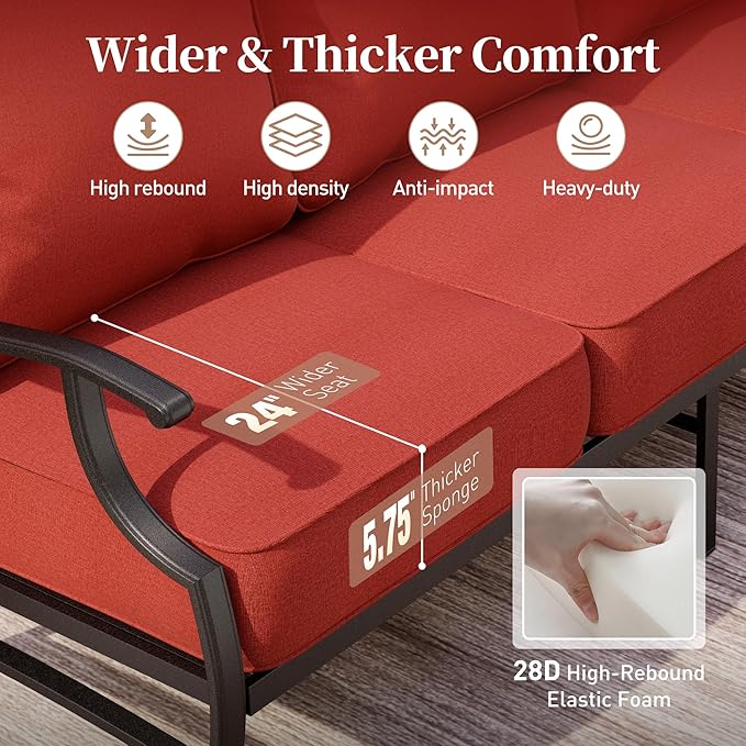 7 Piece Metal Outdoor Patio Furniture Set, Patio Conversation Sets 1 3-Seater Sofa, 4 Fixed Chair, 2 Ottomans with 5.75" Thick Cushion, Black All-Weather Frame Backyard Furniture, Red
