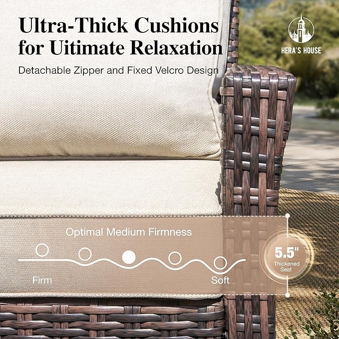 HERA'S HOUSE 8-Piece Outdoor Furniture Set with Fire Pit Table, Patio Conversation Set with 5.5" Thick Cushions & High Back Swivel Chairs, All-Weather Wicker Deep Seating Sofa with Ottomans, Beige
