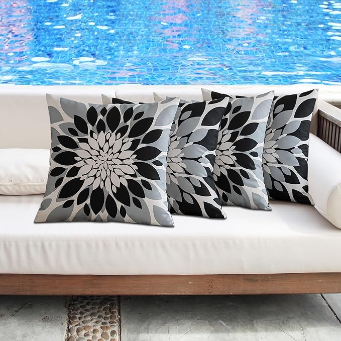Qahing Pack of 4 Outdoor Waterproof Pillow Covers 18x18 Decorative Outdoor Throw Pillows Garden Square Cushion Cases for Patio Furniture, Couch, Tent Sunbrella, Bench, Black Grey