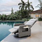 Indoor Outdoor Wicker Recliner Chair with Flip-Up Table Air Pump 155° Lay Flat, Adjustable Wicker Lounge Recliner Chair with Independently Backrest and Footrest